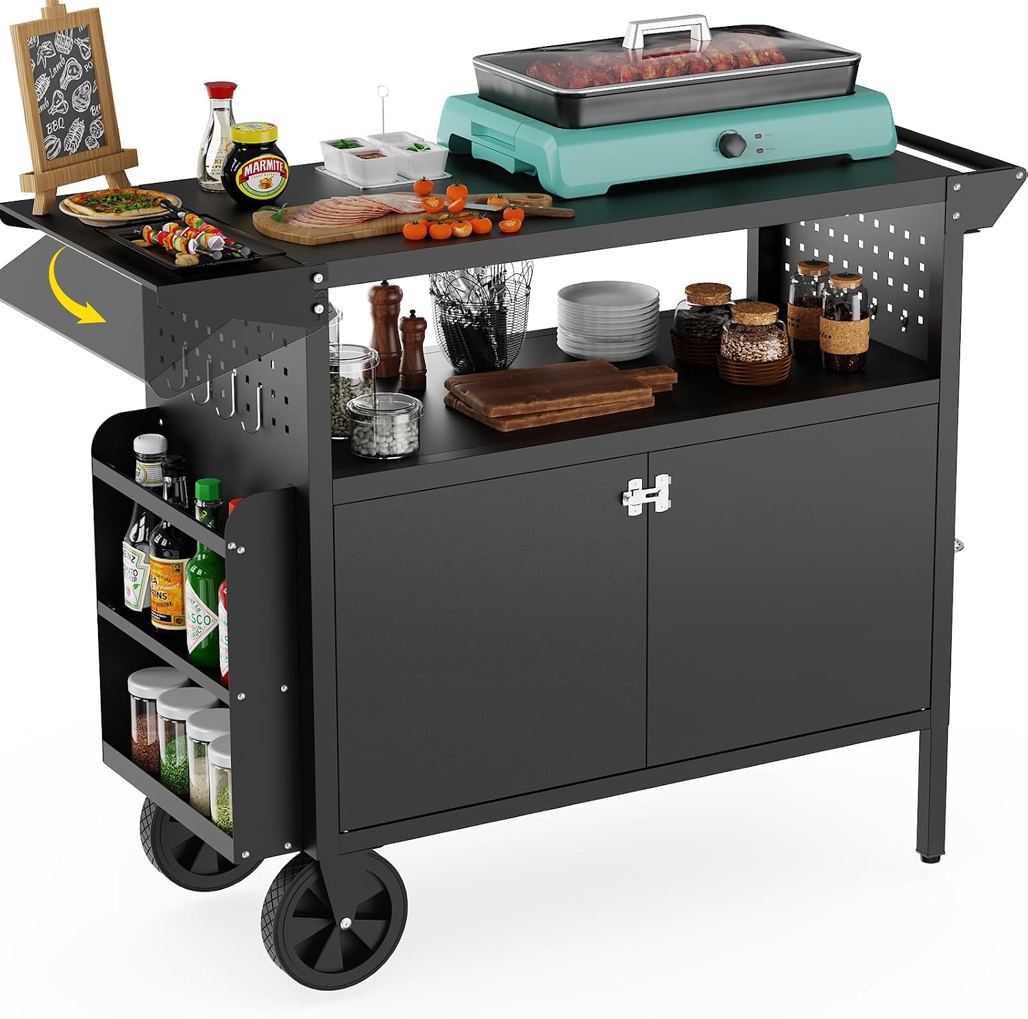 Outdoor Camping Table With Storage - รถเข็นปิ้งย่างกลางแจ้งพร้อมโต๊ะเก็บของ ชุดครัวเคลื่อนที่พร้อมล้อ โต๊ะพับได้สำหรับเตรียมอาหารบาร์บีคิว หน้าโต๊ะเหล็กแข็งแรงทนทานสำหรับลานบ้านและแคมป์ปิ้ง