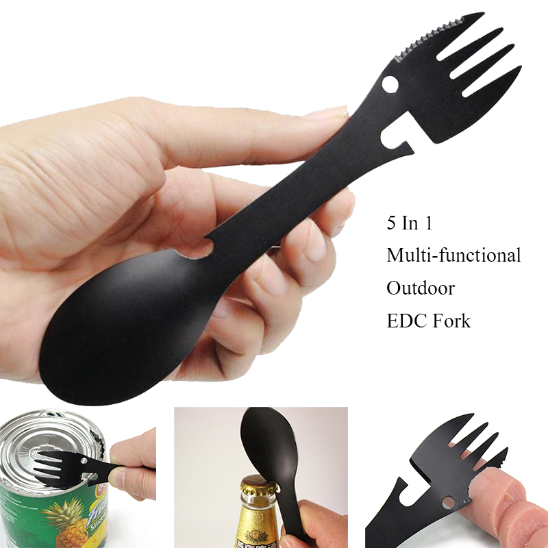 Outdoor Camping Utensils - ชุดอุปกรณ์ตั้งแคมป์สแตนเลส อุปกรณ์เอาตัวรอดกลางแจ้ง 5 in 1 ชุดช้อนส้อมสำหรับเดินทาง