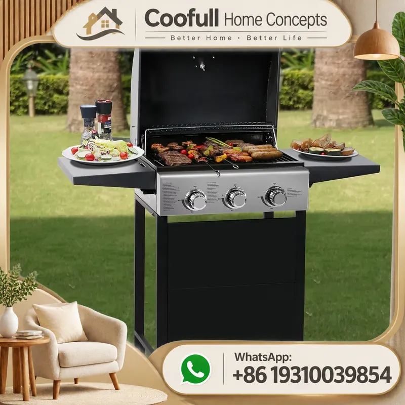 Outdoor Camping Cooking Table - เตาย่างแก๊สโพรเพนพร้อมเตาข้าง โต๊ะโลหะพับได้พร้อมล้อ เตาบาร์บีคิวแบบพกพาสำหรับทำอาหารกลางแจ้งและตั้งแคมป์