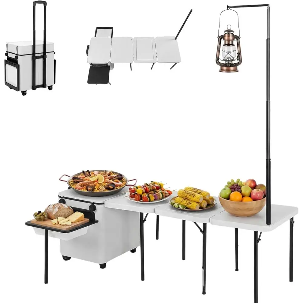 Outdoor Camping Table With Storage - โต๊ะครัวพับได้แบบพกพาสำหรับใช้งานกลางแจ้ง พร้อมที่เก็บของและล้อ เหมาะสำหรับการตั้งแคมป์ บาร์บีคิว และงานปาร์ตี้ทำอาหารที่บ้าน