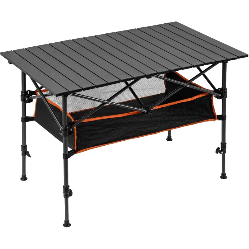 Outdoor Camping Table With Storage - โต๊ะตั้งแคมป์พร้อมตะกร้าเก็บของ โต๊ะปิกนิกพับได้สำหรับใช้งานกลางแจ้งและในร่ม น้ำหนักเบา ไม่เป็นสนิม ปรับความสูงได้ 1.7-3