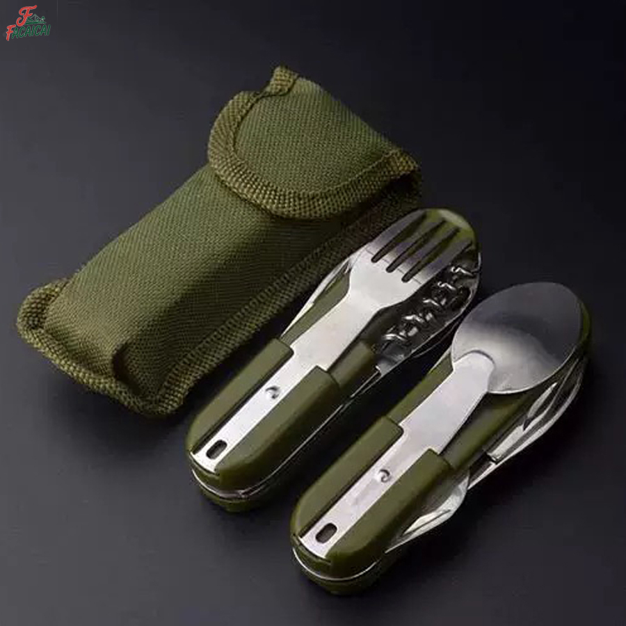 Outdoor Camping Utensils - ชุดอุปกรณ์แคมป์ปิ้ง 5-in-1 สแตนเลสสตีล ชุดเดินทาง อุปกรณ์พับได้อเนกประสงค์สำหรับกิจกรรมกลางแจ้ง