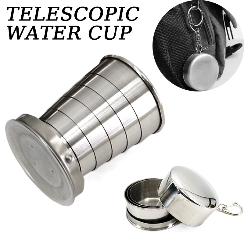 Outdoor Camping Utensils - ถ้วยพับสแตนเลสแบบพกพาแก้วน้ำแบบยืดหดได้สำหรับชาแคมป์ภาชนะบนโต๊ะอาหารถ้วยพับได้แคมป์ปิ้งกลางแจ้ง 75 มล/150 มล/250 มล