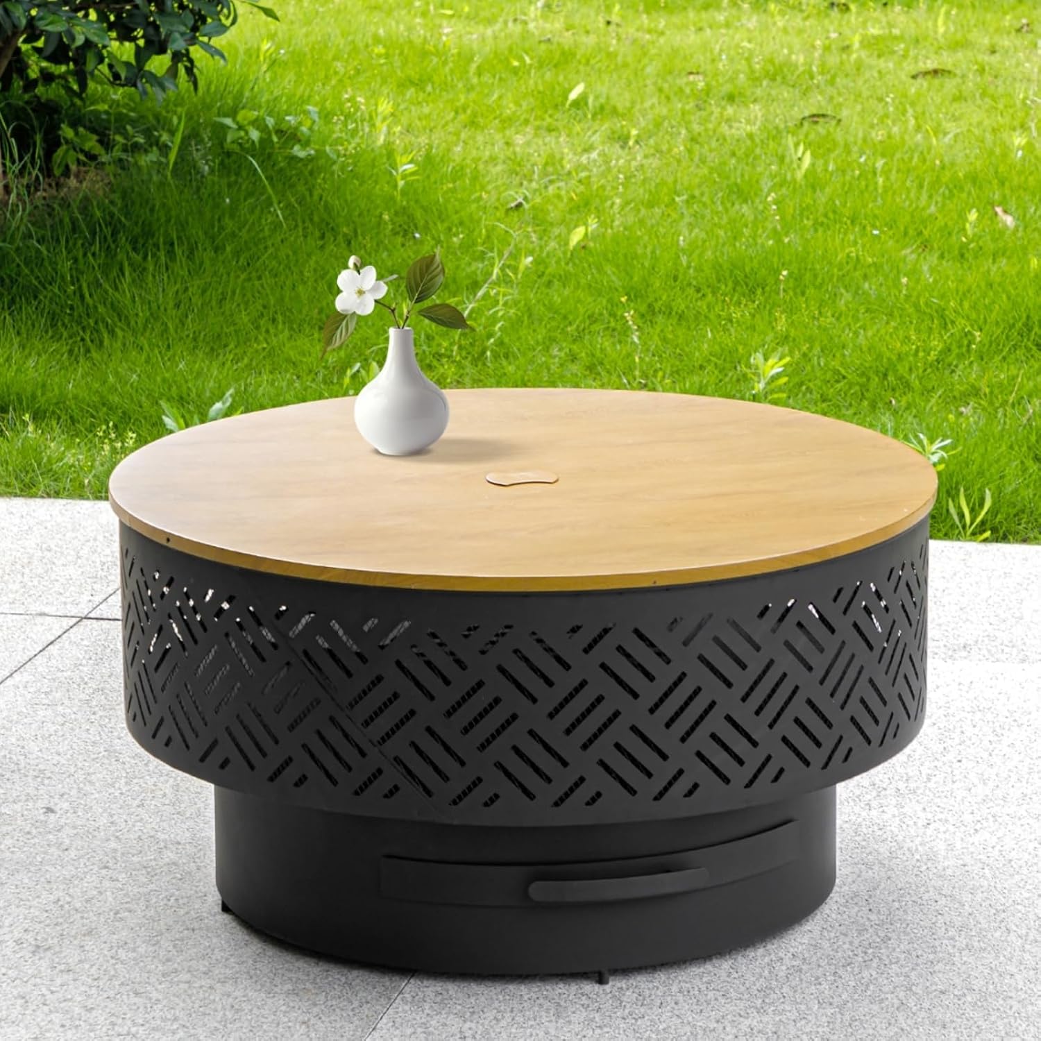Outdoor Camping Cooking Table - โต๊ะเตาไฟทรงกลมขนาด 32 นิ้ว ทำจากโลหะสำหรับเผาไม้ พร้อมฝาปิดเตาย่างบาร์บีคิว ที่ตักไฟ