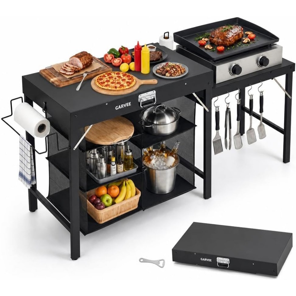 Outdoor Camping Cooking Table - โต๊ะปิ้งย่างโลหะพับได้พร้อมส่วนขยายด้านข้างและที่เก็บของ รถเข็นบาร์บีคิวแบบพกพาสำหรับตั้งแคมป์และทำอาหารกลางแจ้ง