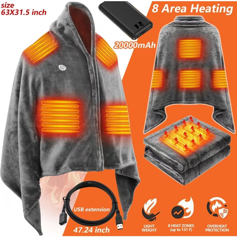 Outdoor Camping Heated Blanket - ผ้าคลุมไหล่ไฟฟ้า NewUSB รุ่นปี 2025, ผ้าห่มอุ่นไฟฟ้าสำหรับตั้งแคมป์กลางแจ้งและสำนักงาน, ใช้พลังงานจากแบตเตอรี่แบบชาร์จได้,