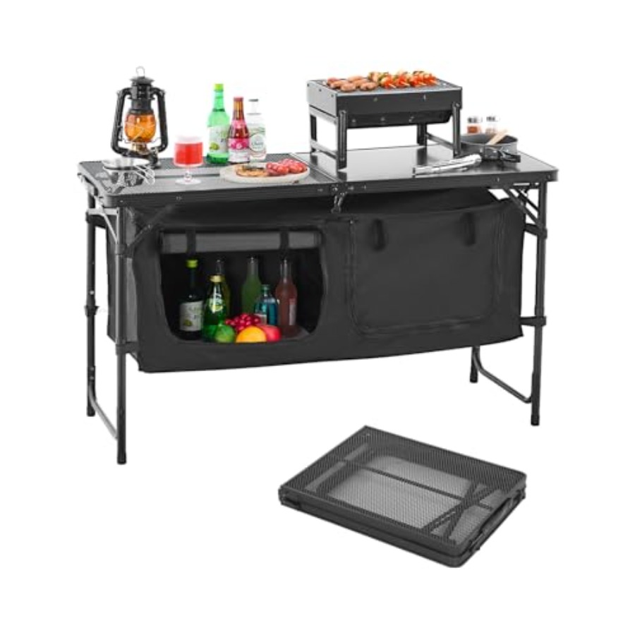 Outdoor Camping Cooking Table - โต๊ะครัวสำหรับตั้งแคมป์, โต๊ะทำอาหารพับได้สำหรับกิจกรรมกลางแจ้ง, ปรับความสูงได้ 3 ระดับ, สถานีทำอาหารแบบพกพา