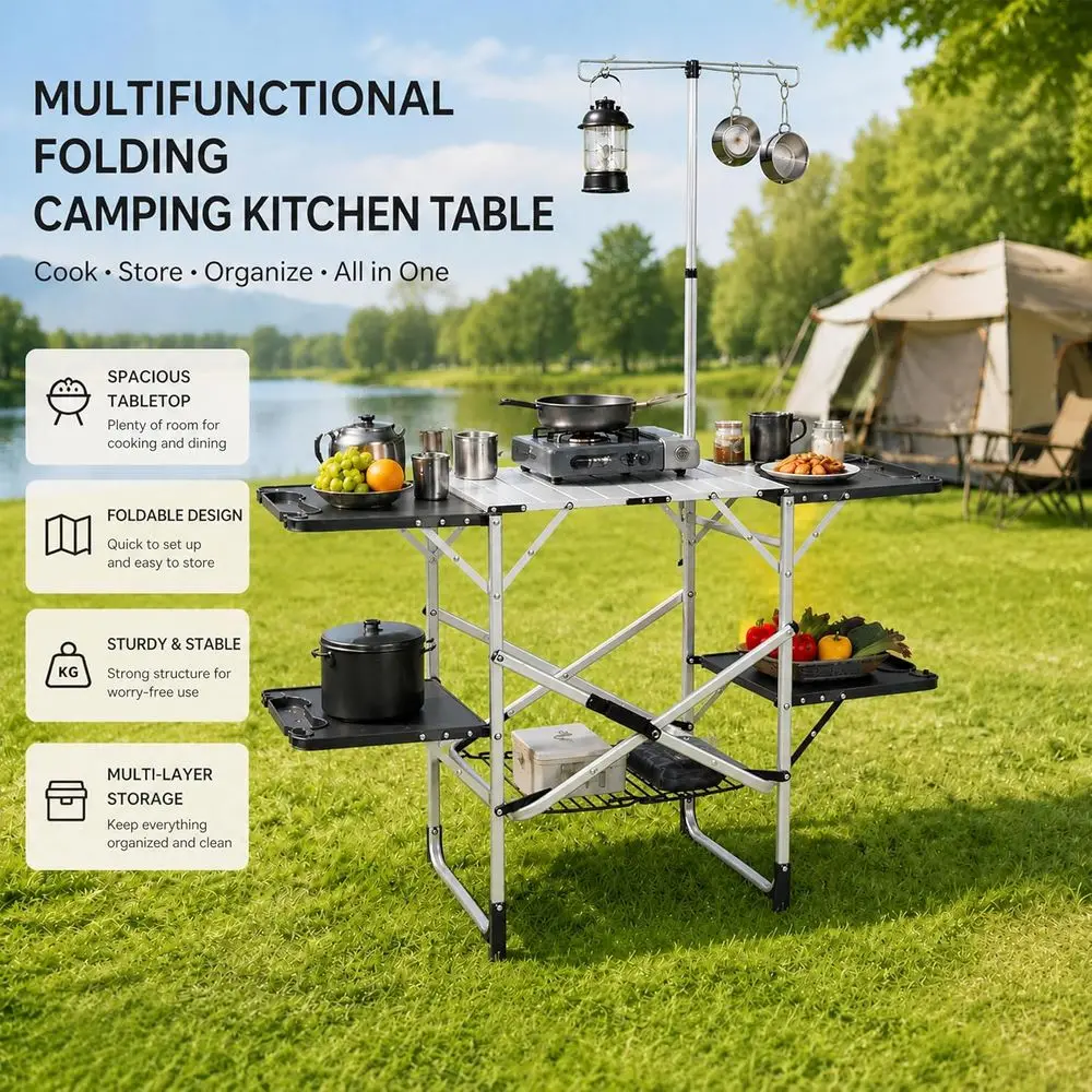 โต๊ะครัวกลางแจ้งแบบพกพาพร้อมท็ - Outdoor Camping Table With Storage บทวิจารณ์และราคา